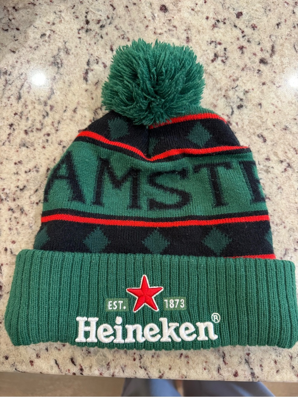 Green Knit Pom Beanie Hat purchased in Amsterdam at factory